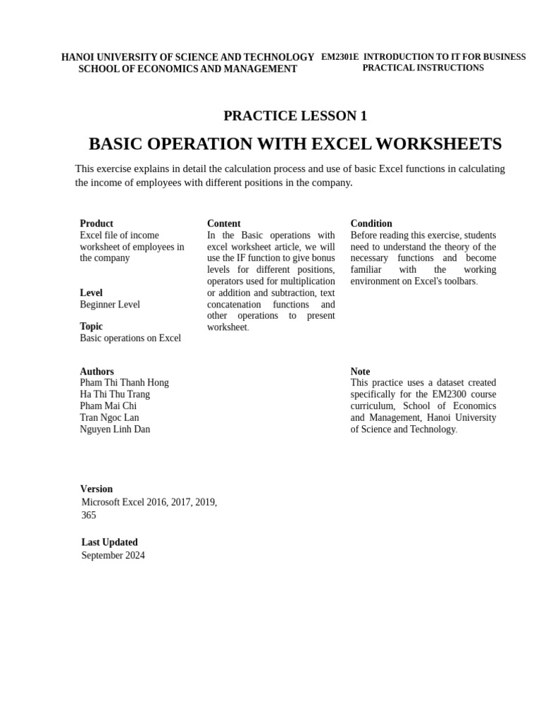EM2301. Practical Class 1 | PDF | Microsoft Excel | Worksheet