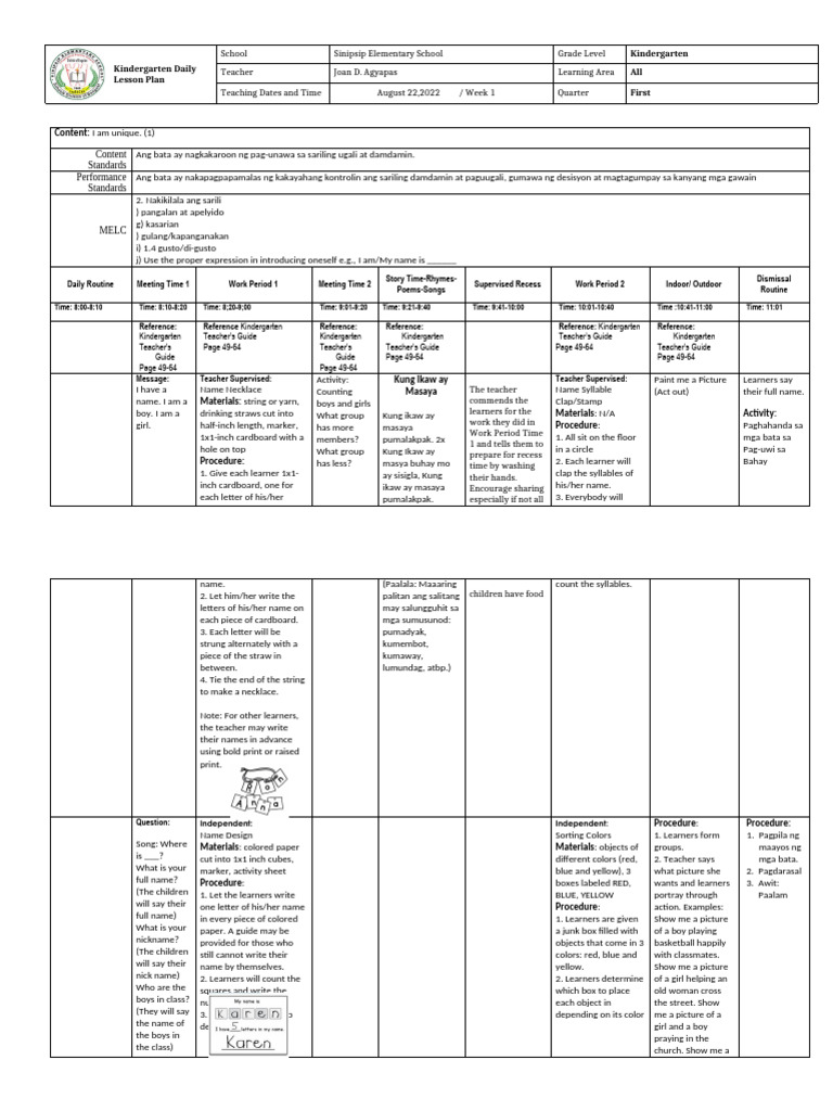 Kindergarten Daily Lesson Plan | PDF