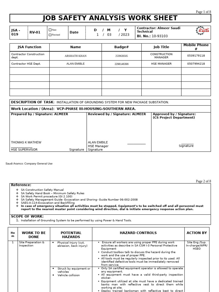 Grounding System Installation JSA | PDF | Personal Protective Equipment ...