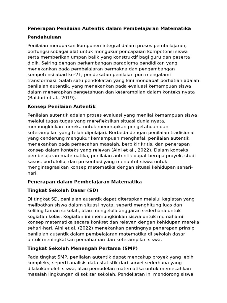 Penerapan Penilaian Autentik Dalam Pembelajaran Matematika | PDF