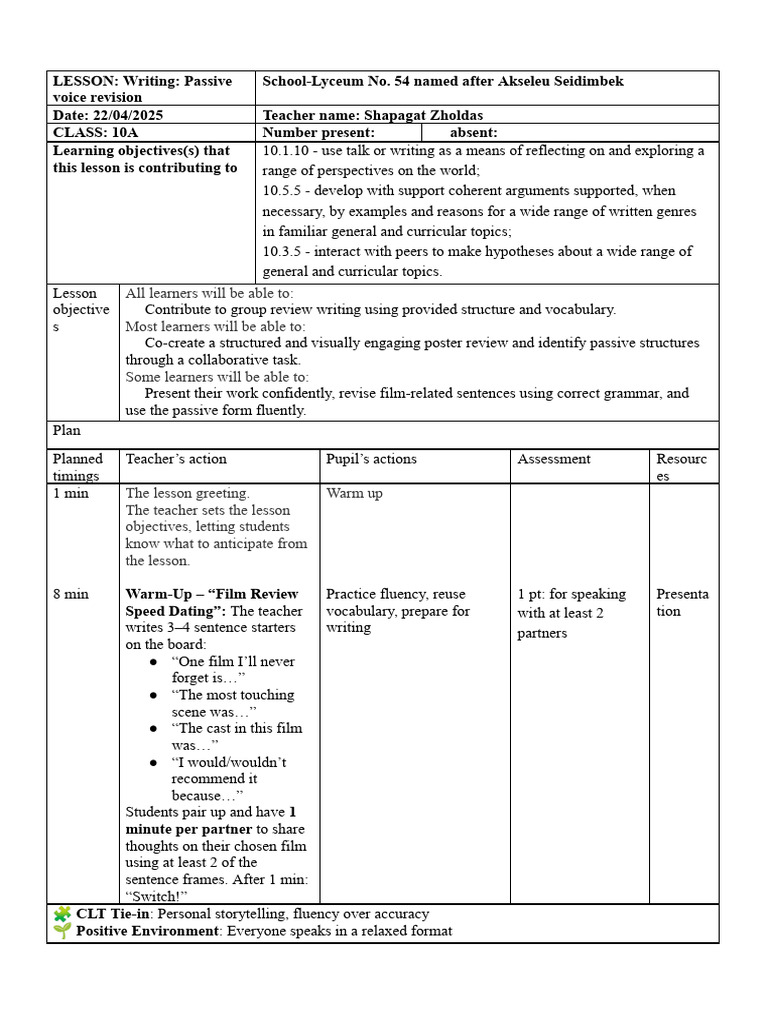 Passive Voice Revision Lesson Plan | PDF | Human Communication | Learning