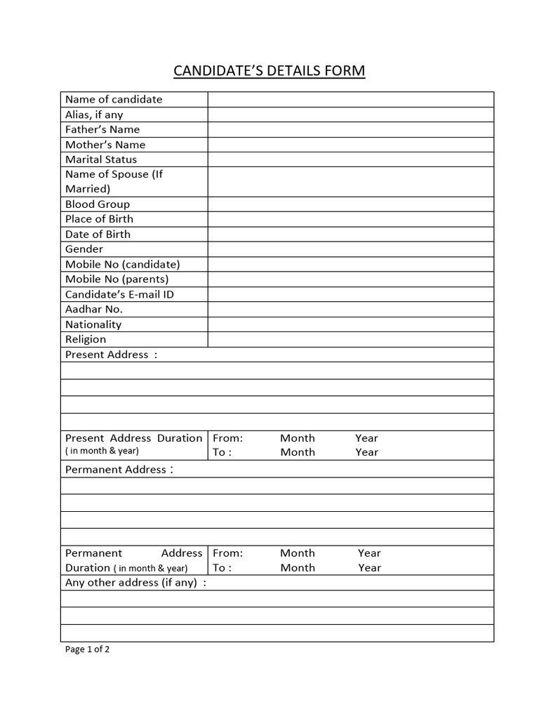 Candidate Details Form Template | PDF