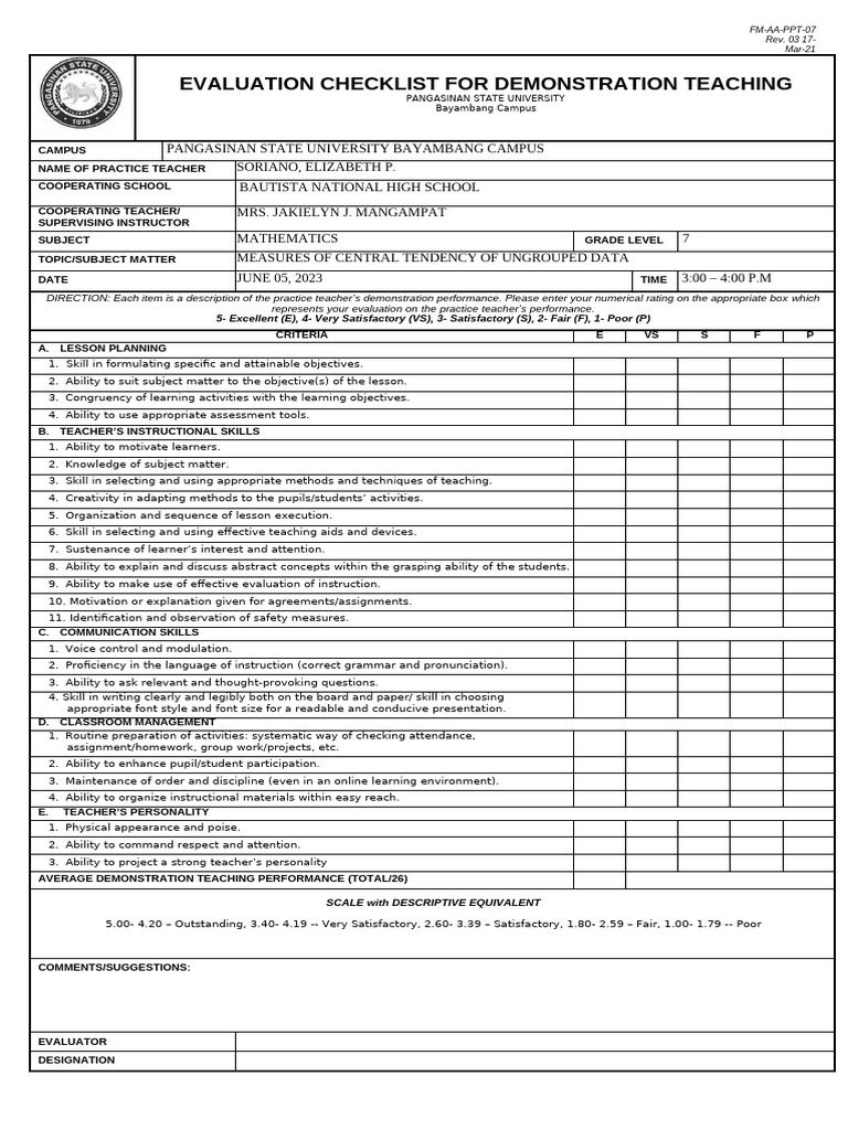 07 V3 Evaluation Checklist For Demonstration Teaching Pdf Teachers