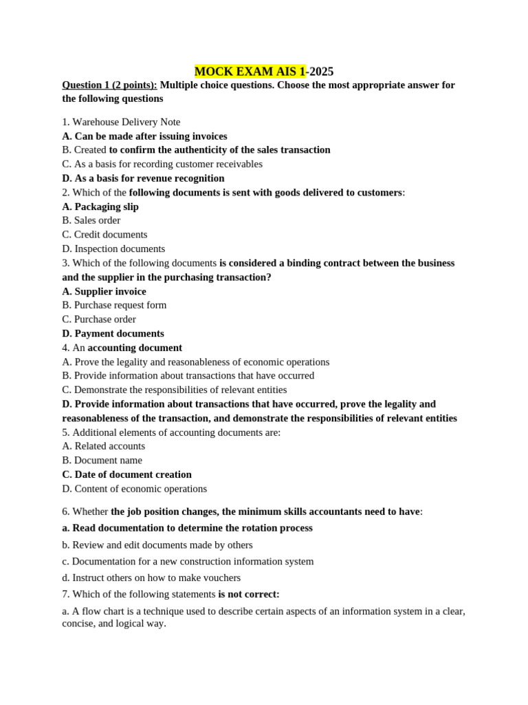 AIS Mock Exam Questions 2025 | PDF | Accounts Payable | Invoice