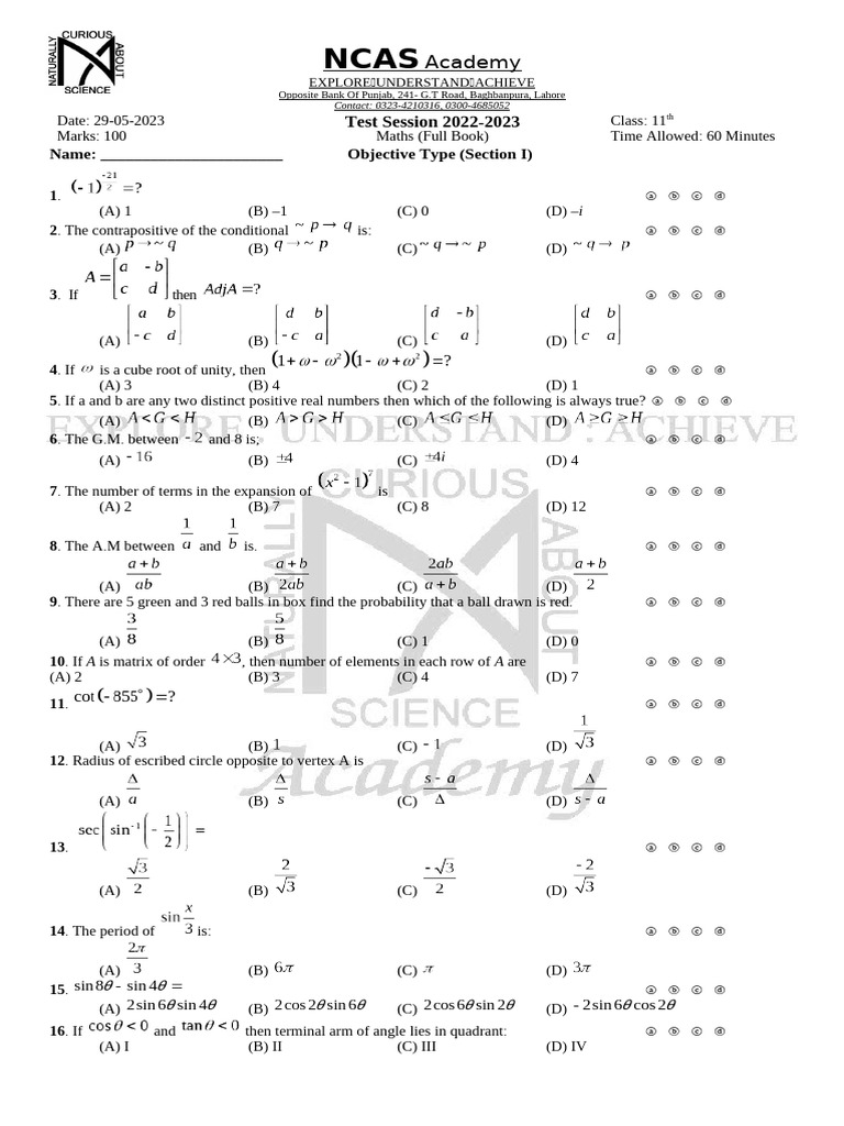 Class 11 Maths Test Paper 2022-2023 | PDF | Quadratic Equation ...