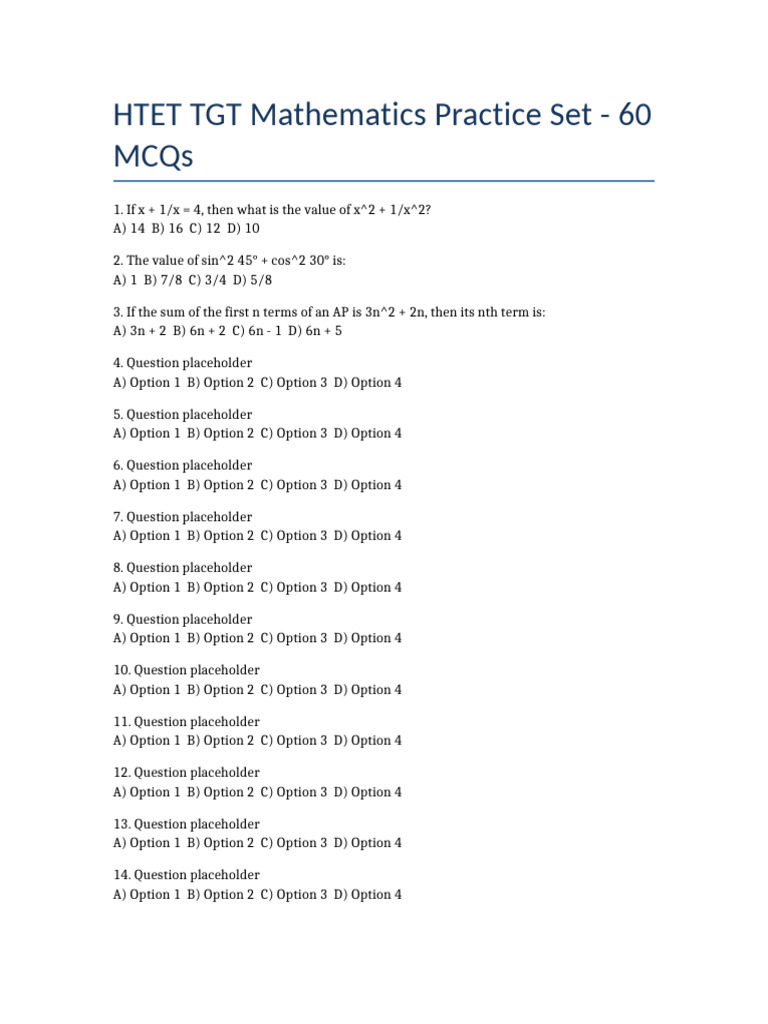 HTET TGT Maths Practice Set MCQs | PDF | Mathematics