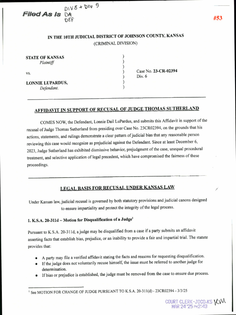 Johnson County Kansas District Court Judge Thomas Sutherland Recusal ...