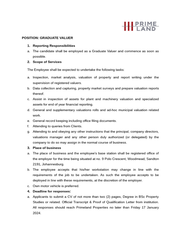 Graduate Valuer Position Available | PDF