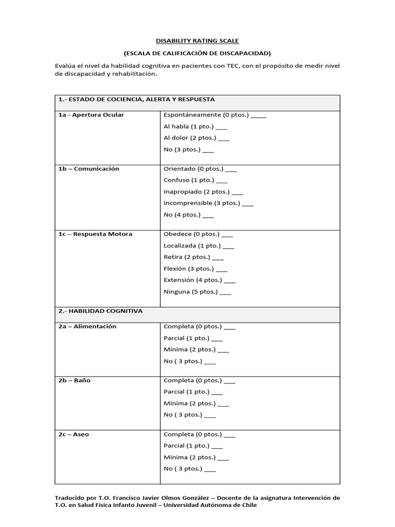 Escala de Calificación de Discapacidad DRS | PDF | Cuidado de la salud ...