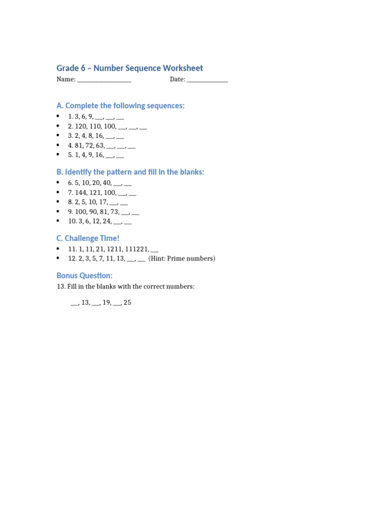 Grade 6 Number Sequence Worksheet | PDF