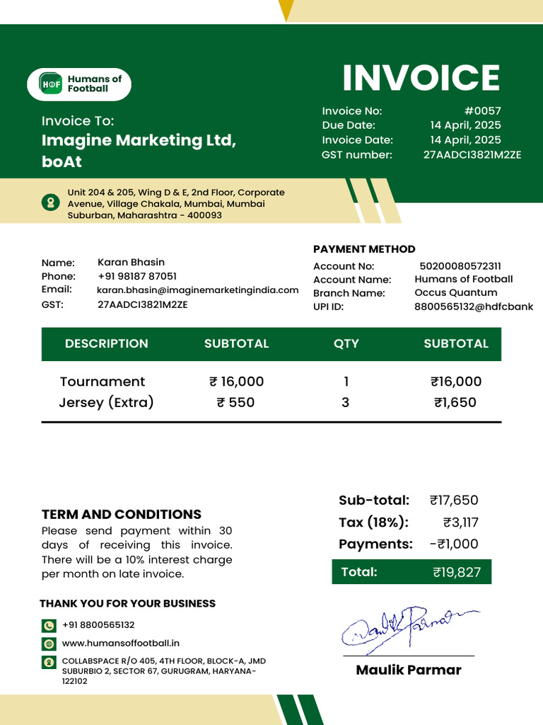 Invoice for Humans of Football Services | PDF