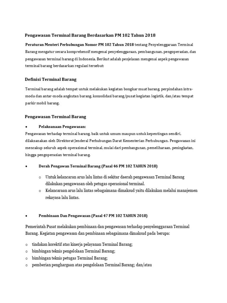 Pengawasan Terminal Barang PM 102/2018 | PDF
