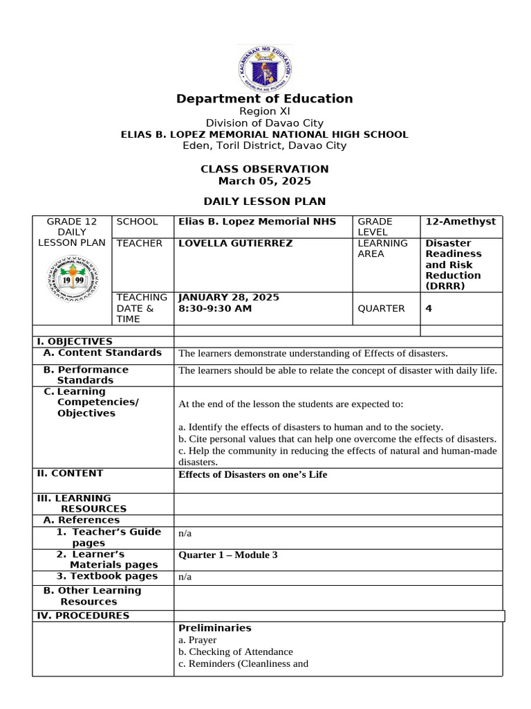 Grade 12 Disaster Readiness Lesson Plan | PDF | Learning | Risk