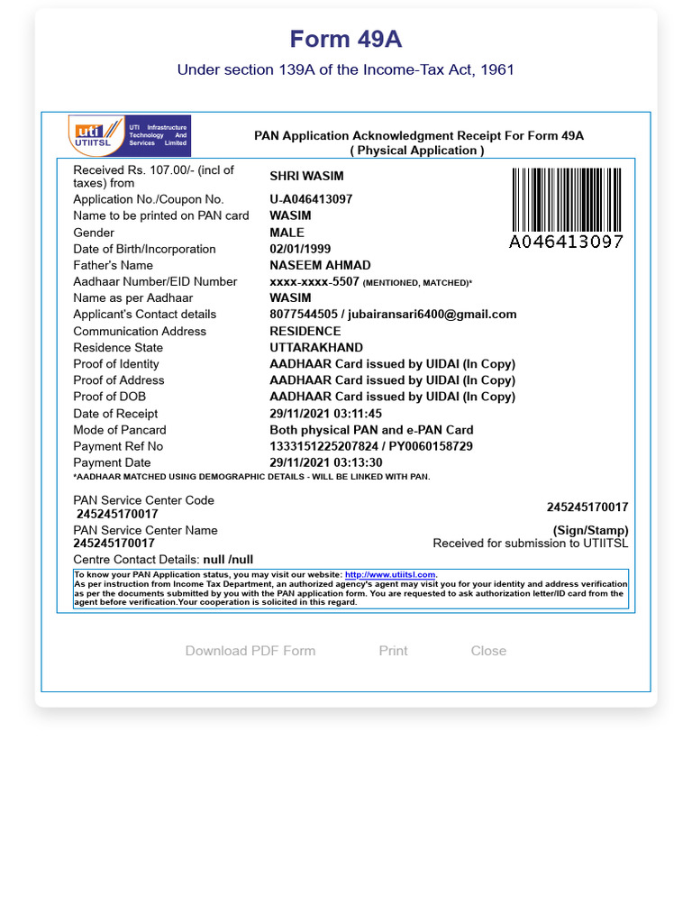 PAN Application Acknowledgment Receipt | PDF | Access Control ...