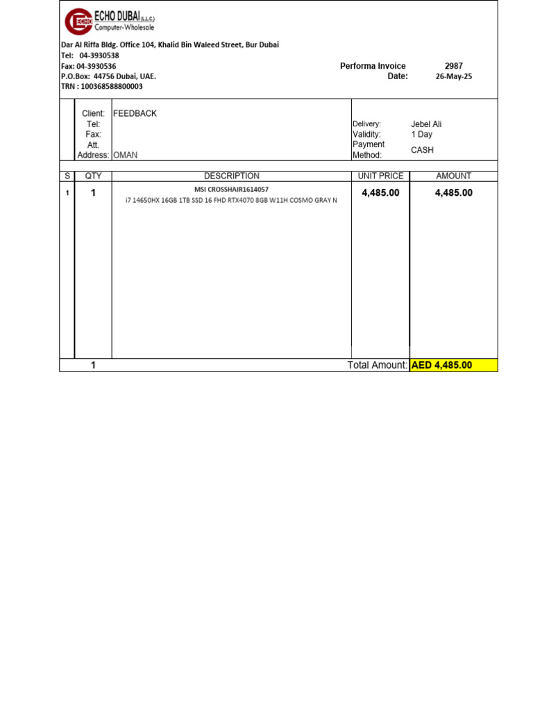 Performa Invoice for MSI Laptop Purchase | PDF
