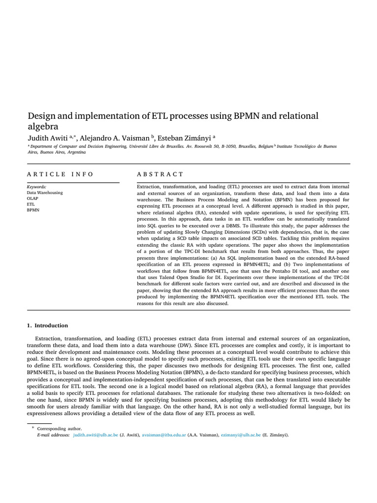 Design and Implementation of ETL Processes Using BPMN and Relational ...