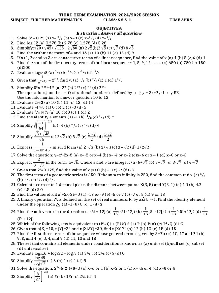 Fashina Third Term Examination Further Mathematics Ss1 | PDF | Square ...