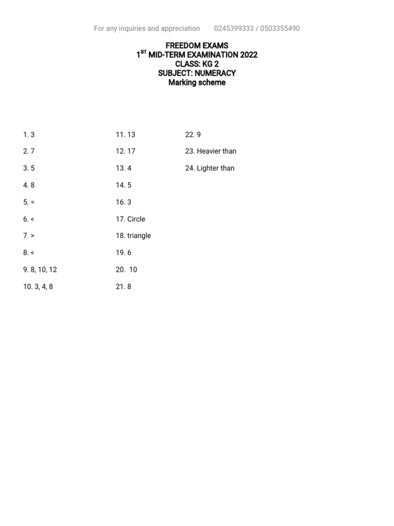 Numeracy KG Marking Scheme | PDF