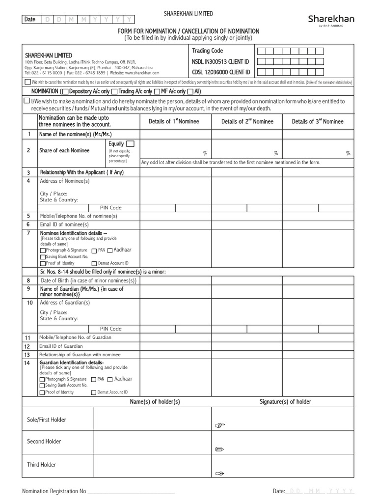 Nomination Cancellation Form for Sharekhan | PDF | Securities (Finance ...
