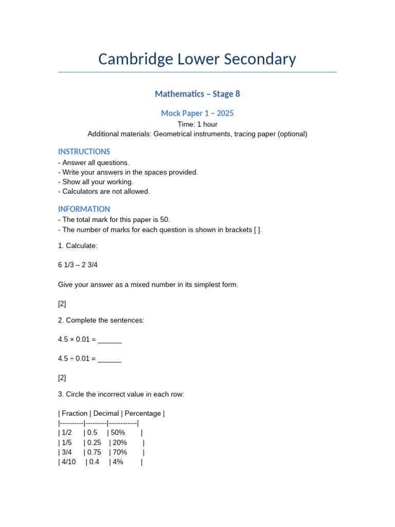 Stage 8 Maths Mock Paper 1 - 2025 | PDF