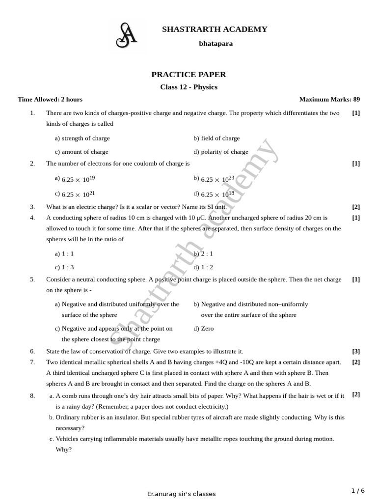 Class 12 Physics Practice Paper | PDF | Force | Electric Charge