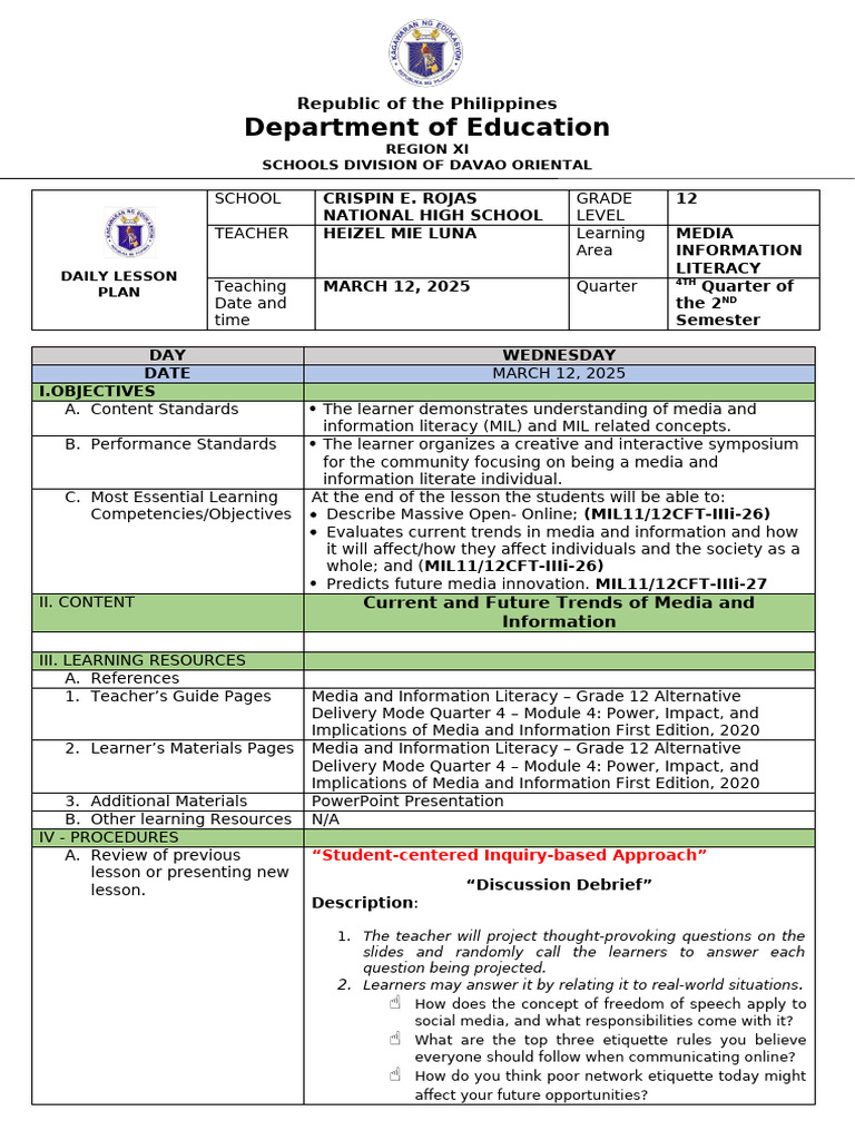 Grade 12 Media Literacy Lesson Plan | PDF | Learning | Wearable Technology