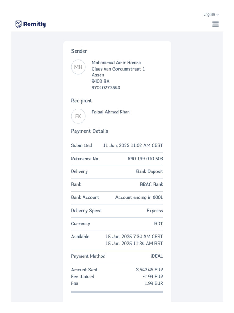 Remitly Transaction Details for Bangladesh | PDF