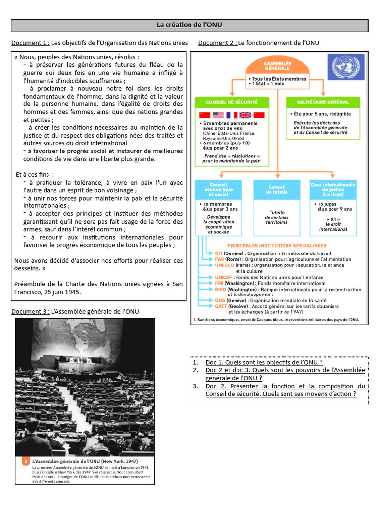 Objectifs et fonctionnement de l'ONU | PDF | Nations unies | Relations ...