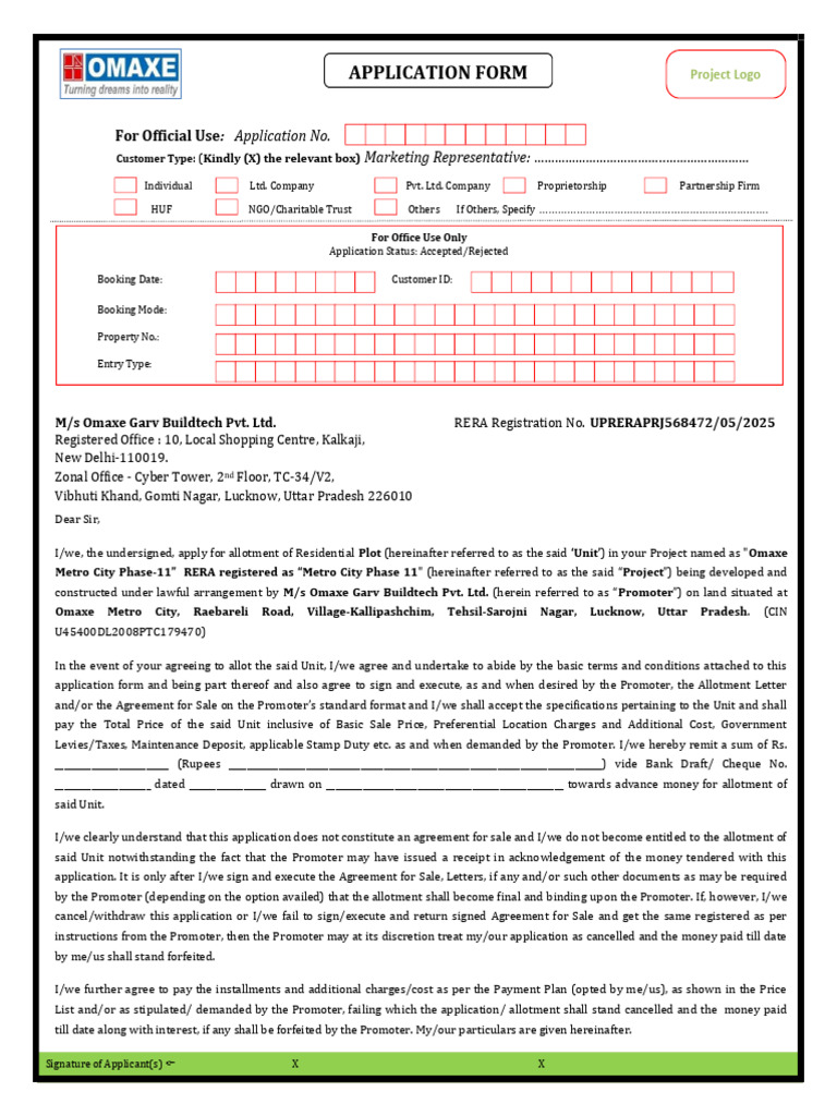 Omaxe Metro City Plot Application Form | PDF | Taxes | Assignment (Law)