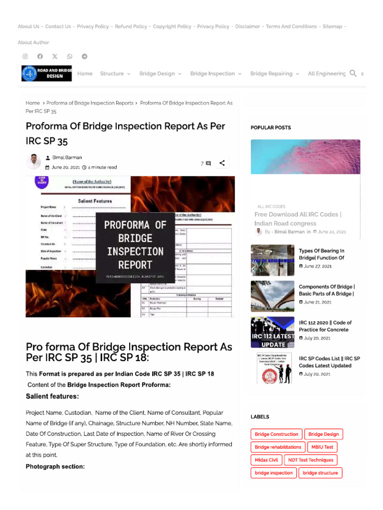 Proforma of Bridge Inspection Report As Per IRC SP 35 | PDF