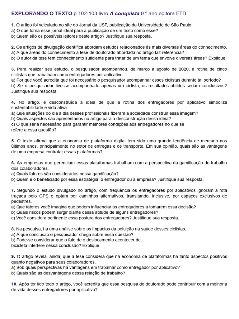 EXPLORANDO O TEXTO p.102-103 Livro A Conquista 9.º Ano Editora FTD ...