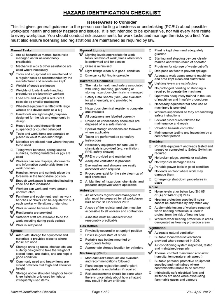 Hazard Identification Checklist Au | PDF | Personal Protective ...
