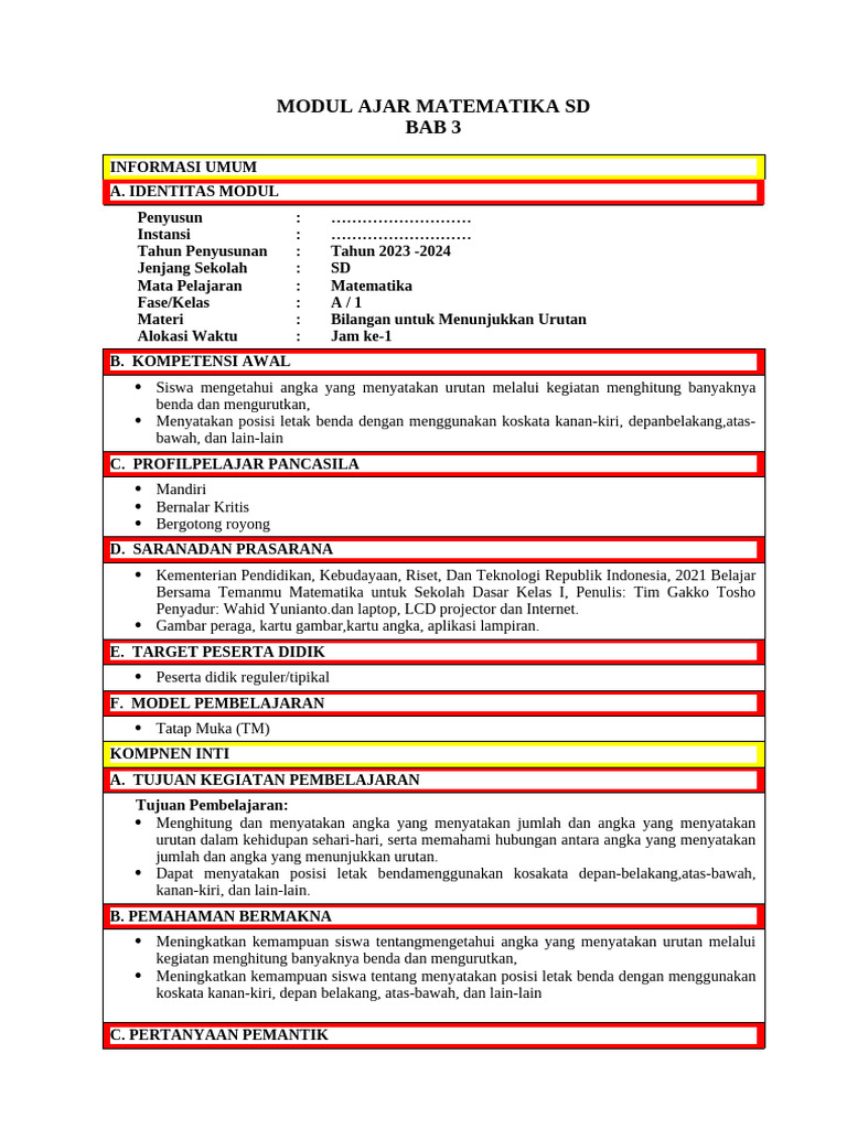 Modul Ajar Matematika SD Kelas 1 | PDF