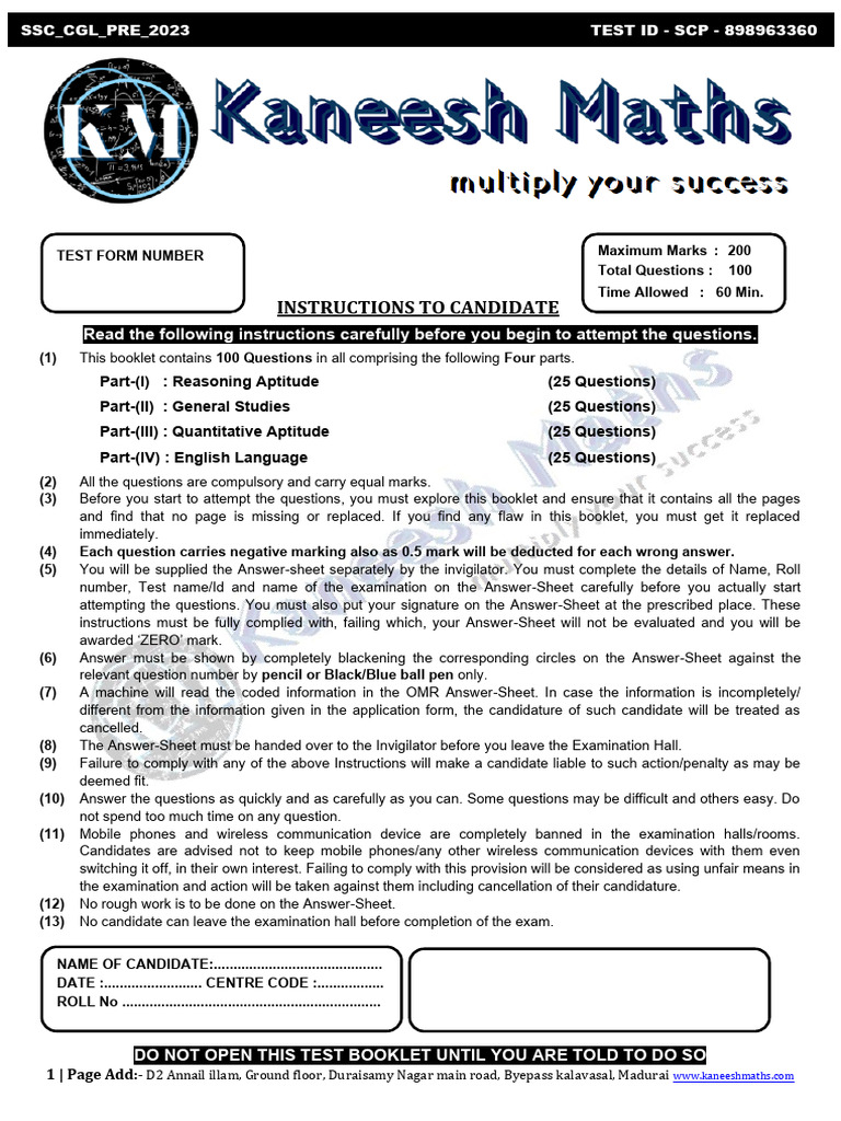 SSC CGL Pre 2023 Exam Instructions | PDF | Rectangle