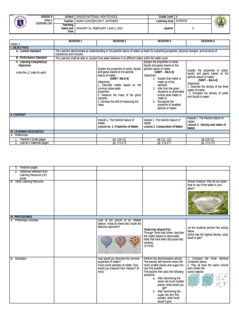 MCFA 3rd Grading DLL 2023 24 WEEK 1 | PDF | Matter | Liquids
