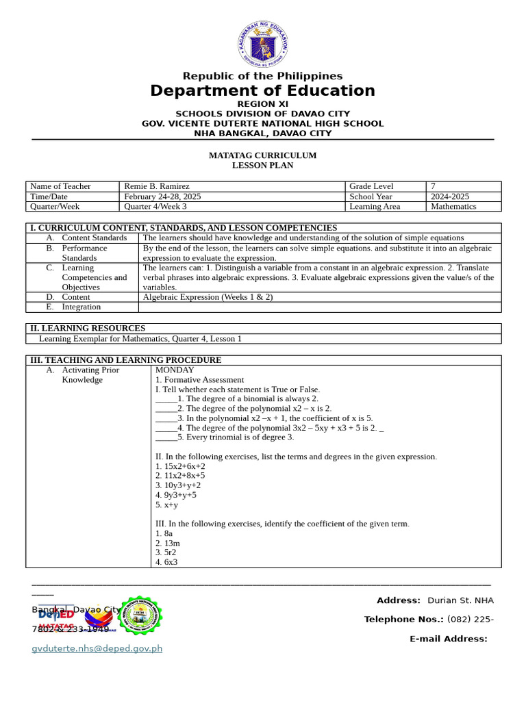 Grade 7 Math Lesson Plan: Algebra | PDF | Polynomial | Equations