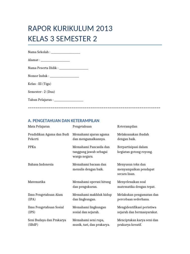 Template Rapor K13 Tabel | PDF