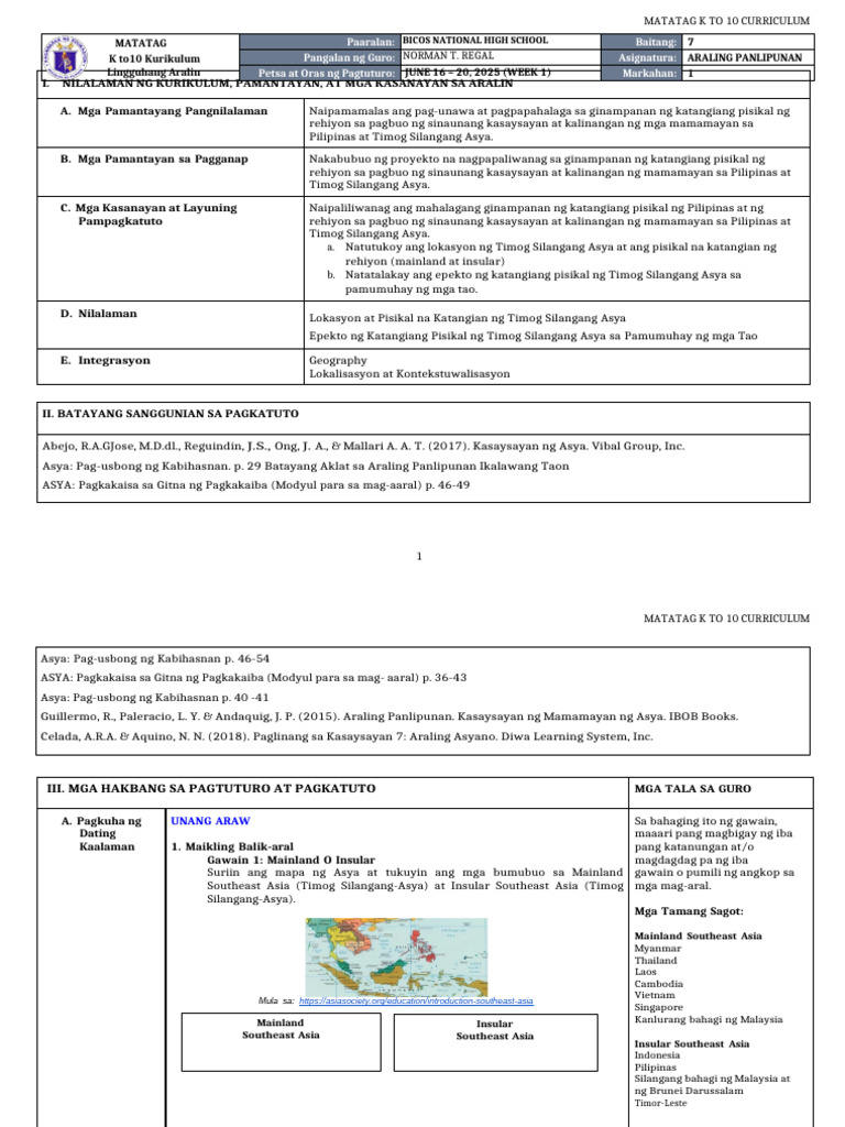 DLL Matatag - Araling Panlipunan 7 q1 w1 | PDF