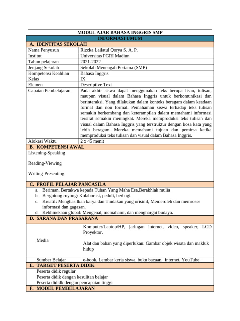 Modul Ajar Descriptive Text Kelas 9 | PDF