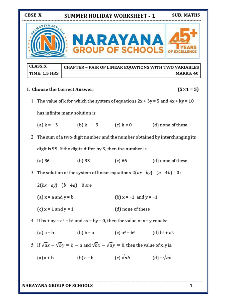 MATHS Summer Holiday Worksheet - 1 | PDF | Equations | Discrete Mathematics