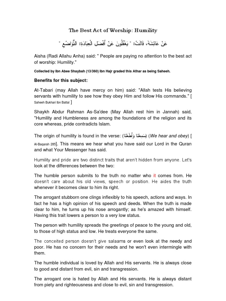 The Best Act of Worship | PDF | Humility | Sin