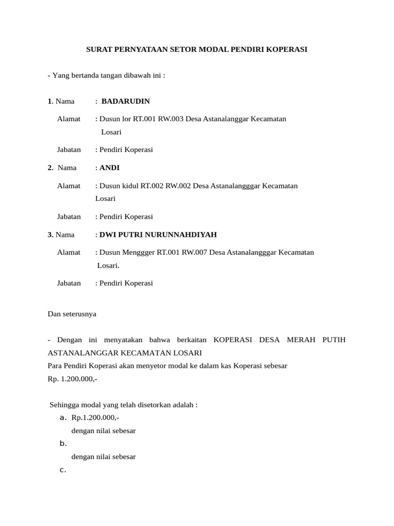 Surat Pernyataan Setor Modal Koperasi | PDF