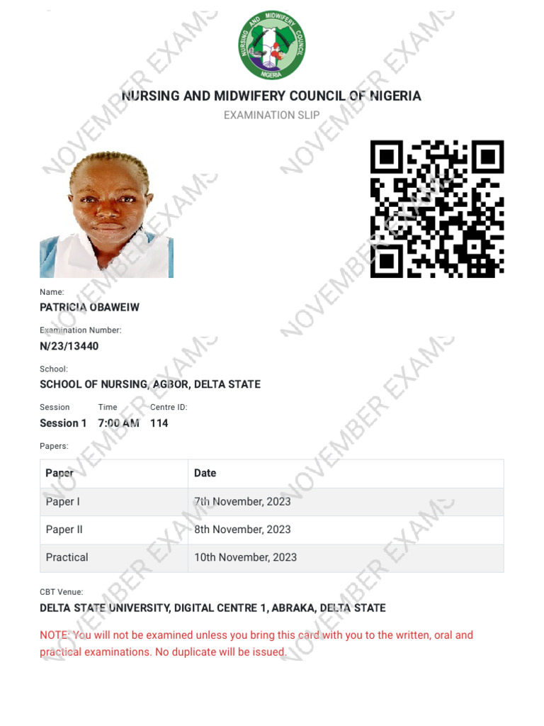 NMCM Examination Slip for November 2023 | PDF