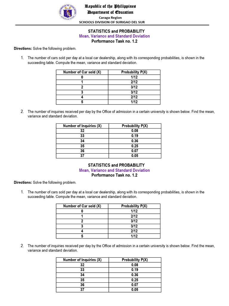 Statistics Performance Task: Mean & Variance | PDF | Variance ...