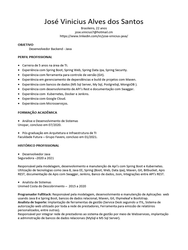 Desenvolvedor Backend Java com 5 Anos de Experiência | PDF | Bancos de ...