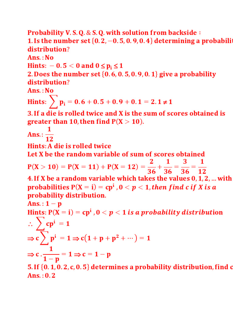 II ND Year Probability V.S.Q & S.Q. With Solution | PDF