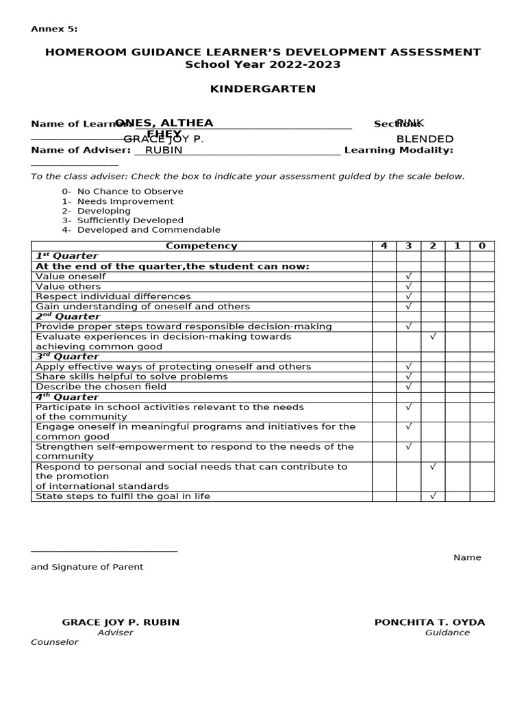Kindergarten Homeroom Guidance Assessment | PDF | Intelligence | Psychology