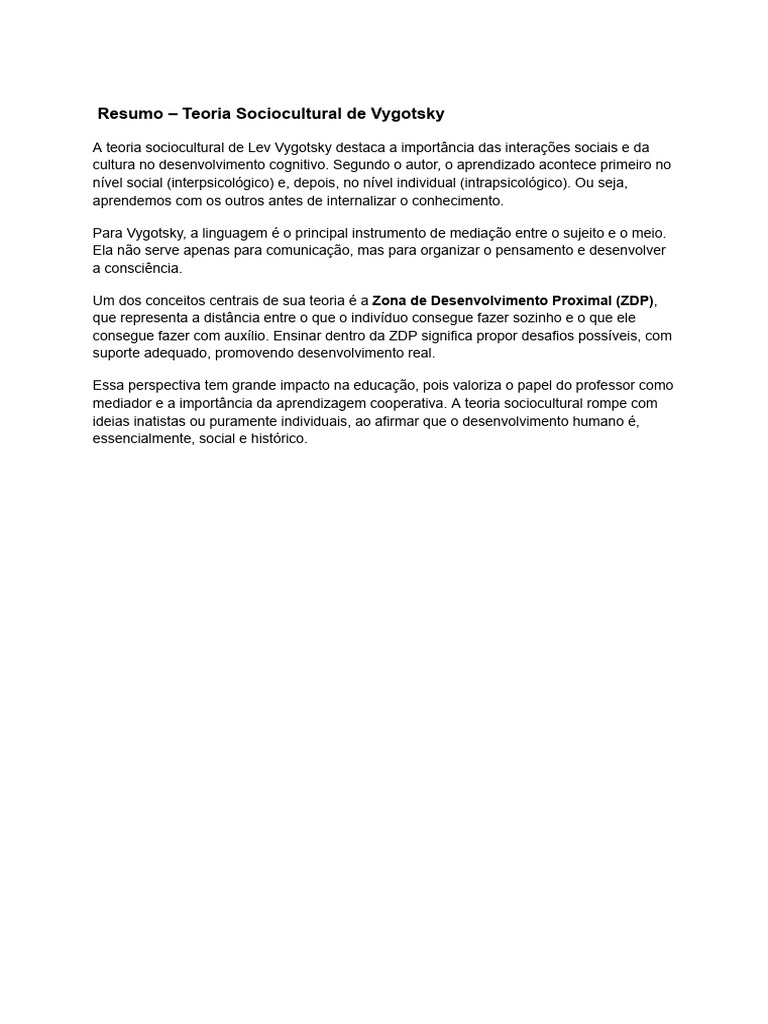 Resumo - Teoria Sociocultural de Vygotsky - Documentos Google | PDF