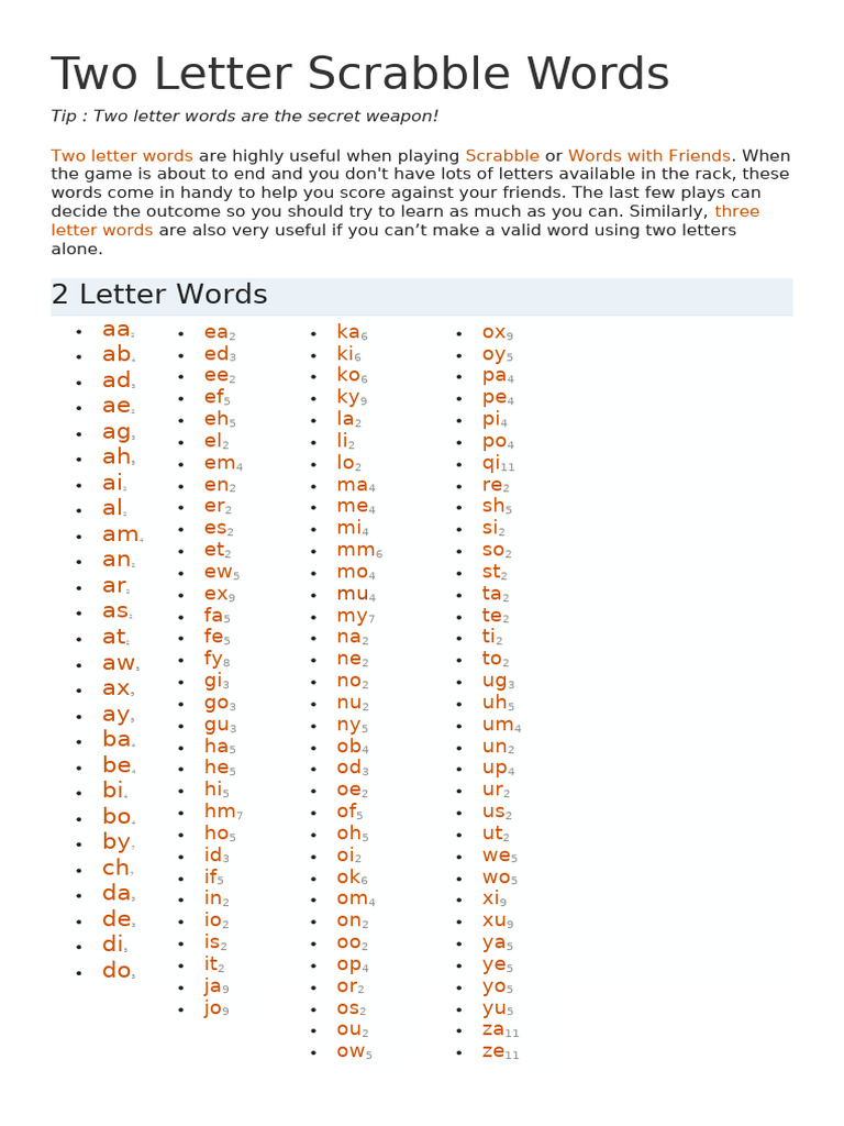 Essential Two Letter Scrabble Words | PDF | Tabletop Games | Electronic ...