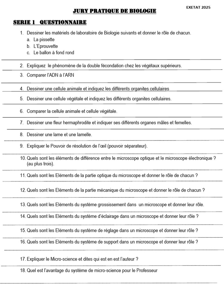 Questionnaire de Biologie Pratique 2025 | PDF | Cellule (Biologie ...